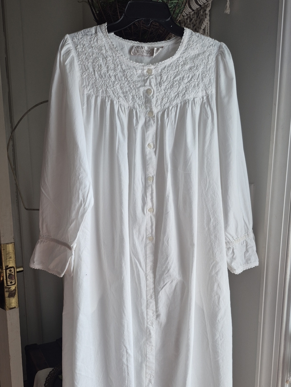 White Button-Front Nightgown with Lace Yoke